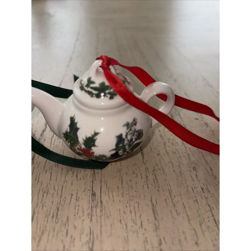 3 Portmeirion Pomona Mini Teapot Ornaments Morning Apple & Dog Rose, Ivy/Holly